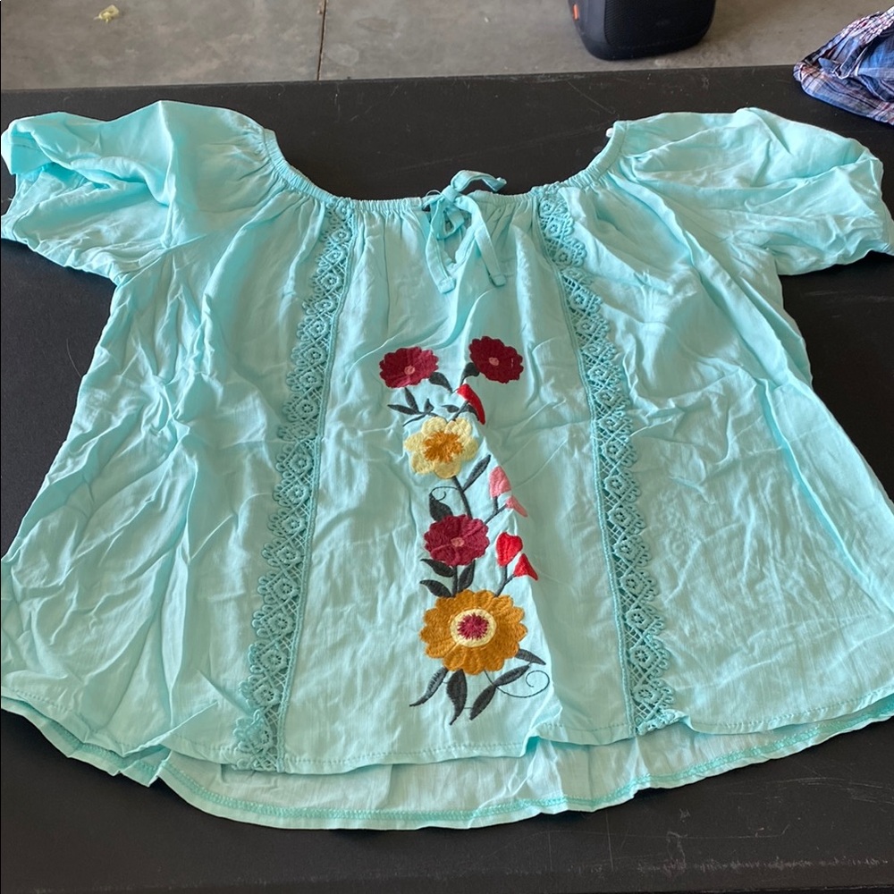 Embroidered Floral Aqua Blouse